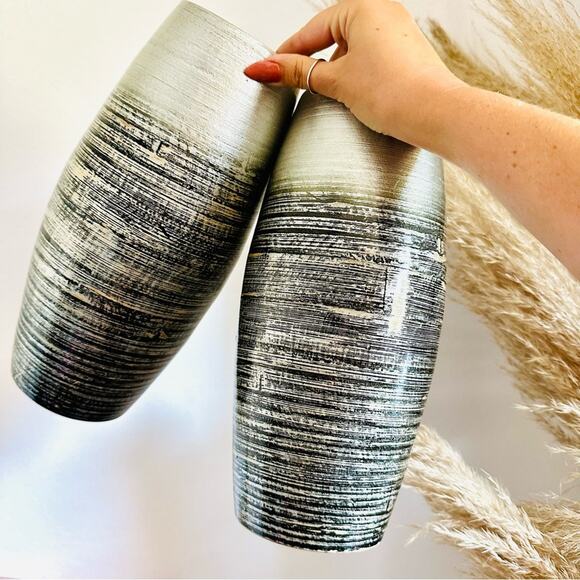 2 Silver Grey Gray Black Floral Flower Tall Vase Kitchen Gadget Storage Display - Picture 1 of 11